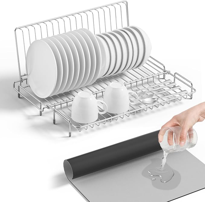 Small Dish Drying Rack Stainless Steel Collapsible | Foldable Rack Countertop with Drying Mat for Kitchen Dorm RV Campers Travel Trailer Space Saving