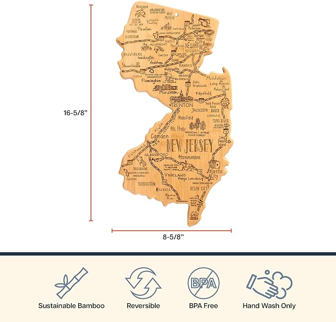 Totally Bamboo Destination New Jersey State Shaped Cutting Board | State charcuterie serving board with engraved map artwork. Smooth reverse side for food prep. Hang tie for wall display.