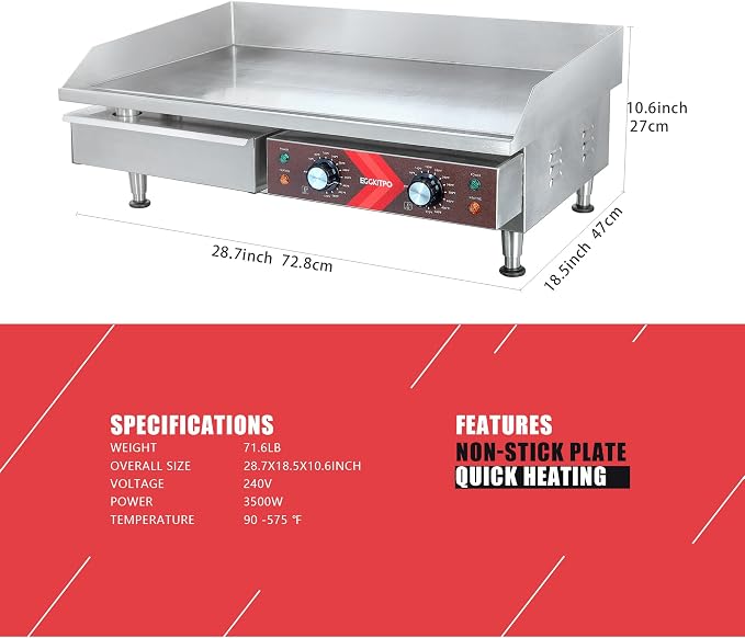 EGGKITPO 240V Commercial Electric Griddle 29 Inch Large Countertop Griddle 3500W Non-Stick Flat Top Grill Stainless Steel Teppanyaki Griddle with Adjustable Temperature 90℉-575℉ for Restaurant Use