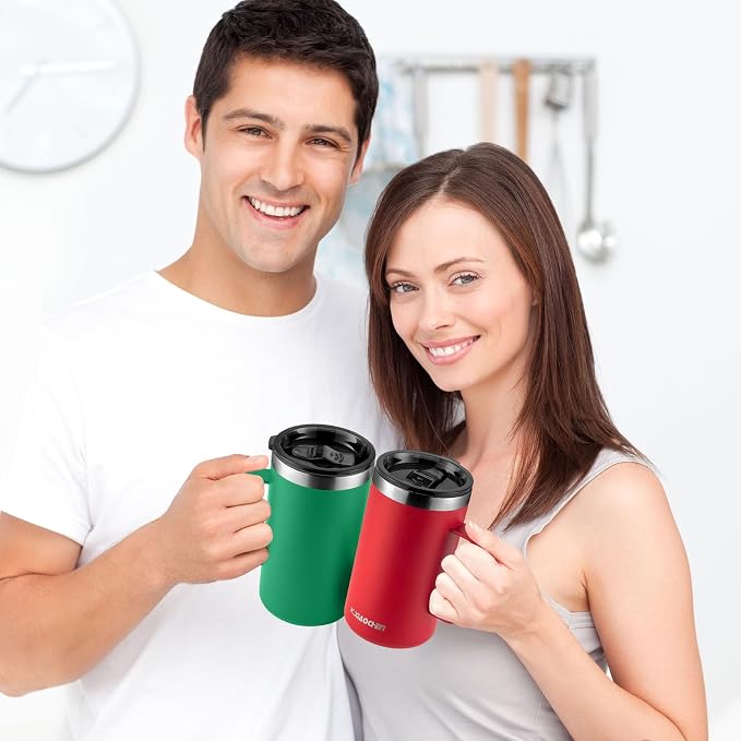 KXIAOCHEN 2-Pack 20 oz Insulated Coffee Mugs, Coffee Cups with Wide Handles | 18/8 stainless steel, sliding lids, 6+ hours hot or 12+ hours cold, wide mouth, no-sweat, for office, home, camping and gifts