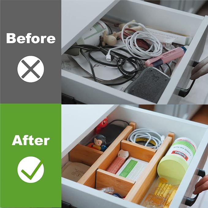 Bamboo Drawer Dividers Organizers, Drawer Separators Splitter,17-22 inches Long Adjustable Spring-loaded Organizer for Large Utensil, Clothes, Tools Drawers(yellow)