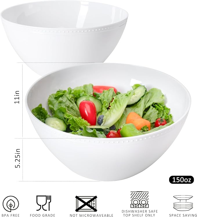 Large Salad Bowls Set of 2, Beaded Serving Bowl Set, 11" White Melamine Bowl for Soup, Salad, Fruit and Pasta, Unbreakable Chip/Popcorn Bowl, Deep Bowls for Party Table for Kitchen and Party Wedding