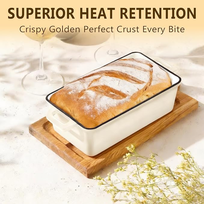 Wildone 2 in 1 Enameled Cast Iron Bread Pan with Lid, 9x5 Loaf Pans for Homemade Sourdough Bread, Cake, Meatloaf, Even Heating Bread Dutch Oven, Cream White