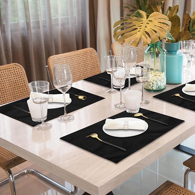 Cloth Placemats Set of 4, Cotton Linen Blend Place Mats, Black | Machine Washable, Double Layered, Heat Resistant, Fabric Dining Table Mats for Kitchen, Indoor & Outdoor, 13" x 19"