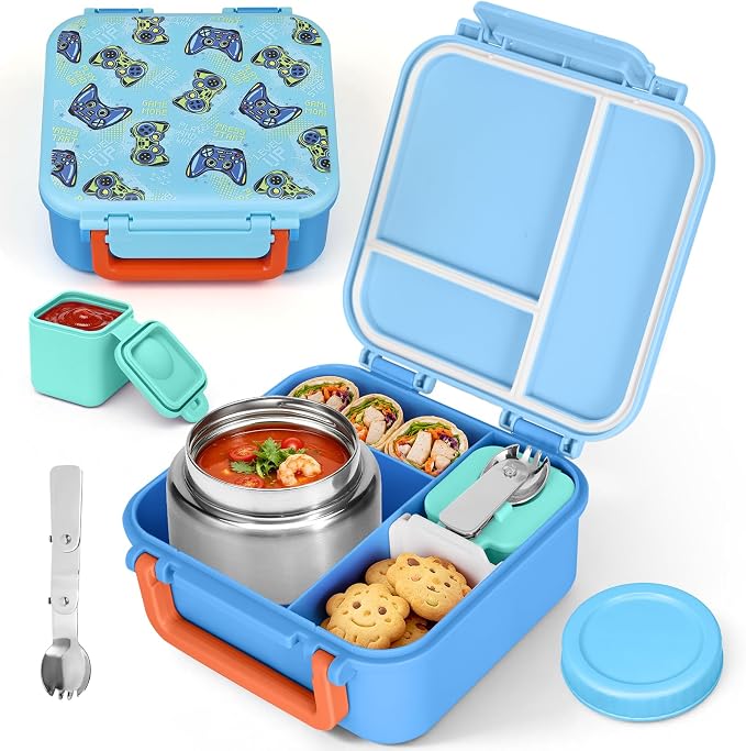 Bento Box for Kids, Lunch Box with Thermo(9oz Food Jar), Silicone Sauce Cup, Stainless Steel Spoon & Removable Divider, Kids Lunch Box Set for Girls Boys Back to School, Blue