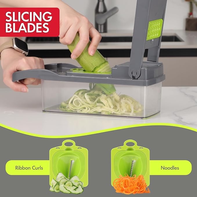 Ourokhome Vegetable Chopper Onion Cutter, 14 in 1 Professional Mandolin Slicer for Kitchen, Multifunctional Food Chopper for Potato, Tomato, Veggie with Strainer Basket, 10 Blades, Gray