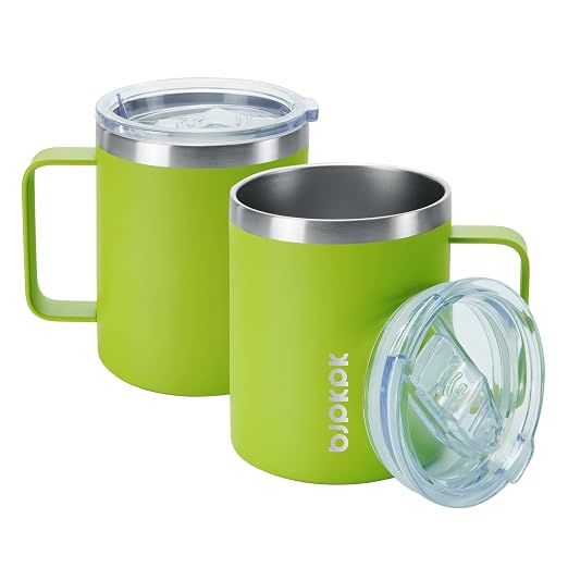 BJPKPK 2PCS Insulated Coffee Mug with Lid, 14oz Stainless Steel Tumbler | Travel Coffee Mug with Handle, Vacuum Insulated Tumbler Cup for Camping, Office, Home, BPA Free Lid, Hot & Cold