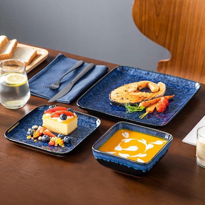vancasso Stern Square Stoneware Dinnerware Set for 4, 12-Piece Dish Set | Blue Reactive Glaze Plates and Bowls Set, Chip and Scratch Resistant, Microwave & Dishwasher Safe
