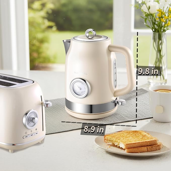 Retro Electric Kettle, 1.7L, 304 Stainless Steel, Beige | Temperature Gauge, 1500W Fast Boiling, Auto Shut-Off & Boil-Dry Protection, BPA-Free,Vintage water kettle, Cream Color