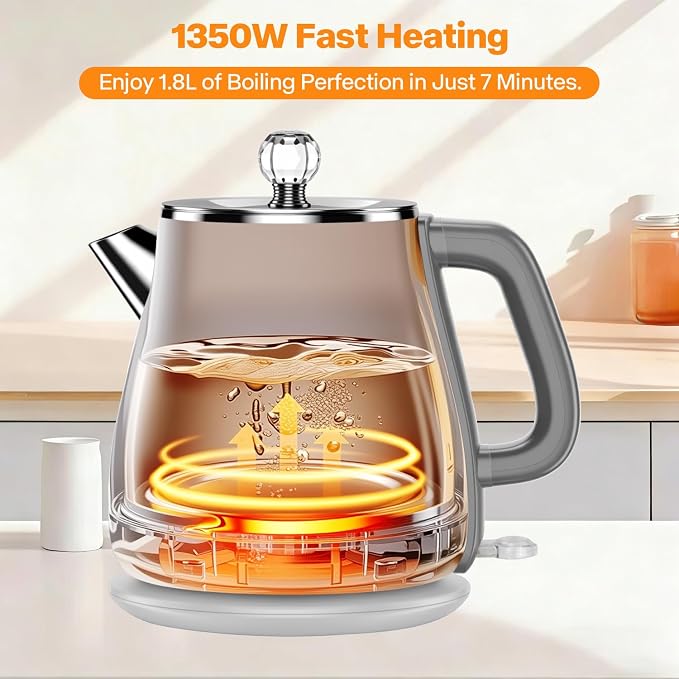 Electric Kettle, Gray, 1.8L | Retro, 1350W Fast Boil, Stainless Steel Interior, BPA Free, Automatic Shut Off