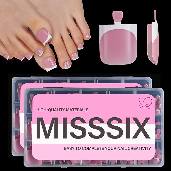 Misssix Press on Toenails Short, French Tip Toe Nails Square, Berry Pink | 300pcs Soft Gel False Toenail, Acrylic Soak off Fake Toe Nails for Women Nail Art DIY 15 Sizes