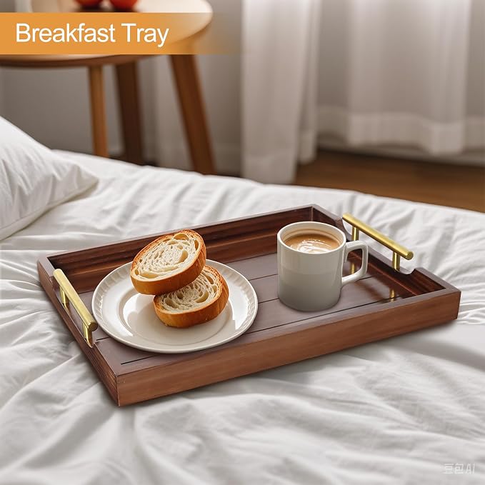 SXNOWS Large Wooden Serving Tray with 2 Sets of Handles,Dark Brown | Rectangle 16.5x13 Inch Ottoman Decorative Tray for Coffee Table Kitchen Bar Living Room Breakfast in Bed, 4 Coasters Included