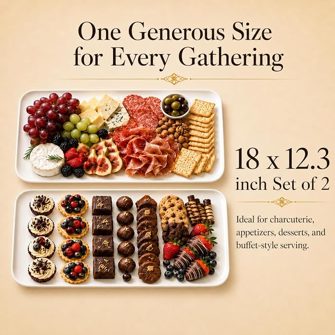 DELLING 18 Inch Large Serving Platter Set of 2, White Porcelain Serving Trays 18" x 12.3", Rectangular Platters for Turkey Fruit Appetizer Party, Oven Microwave Dishwasher Safe, Wedding Entertaining