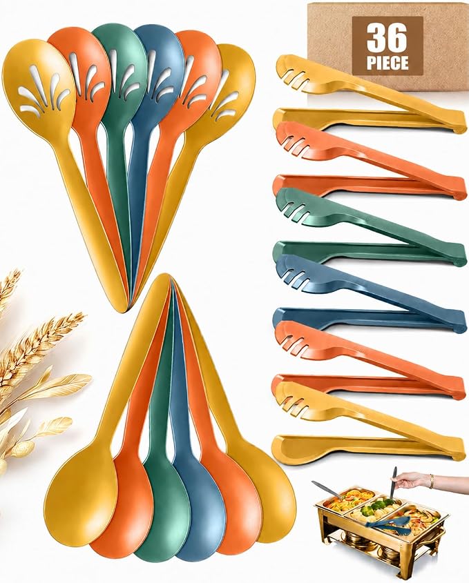Reusable Plastic Serving Utensils Set of 36, 10" Wheat straw Large Serving set Serving Spoons/Slotted Spoons/Tongs, for Party Buffet Catering (Orange/Blue/Yellow/Green, Not for Cooking)