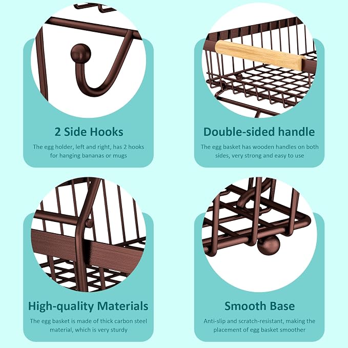 3 Tier Fruit Basket for Kitchen Counter with 2 Banana Hangers, Countertop Metal Fruit Bowl with Wooden Handle, Large Storage Stand for Vegetables, Snacks, Breads, Produce Storage – Brown