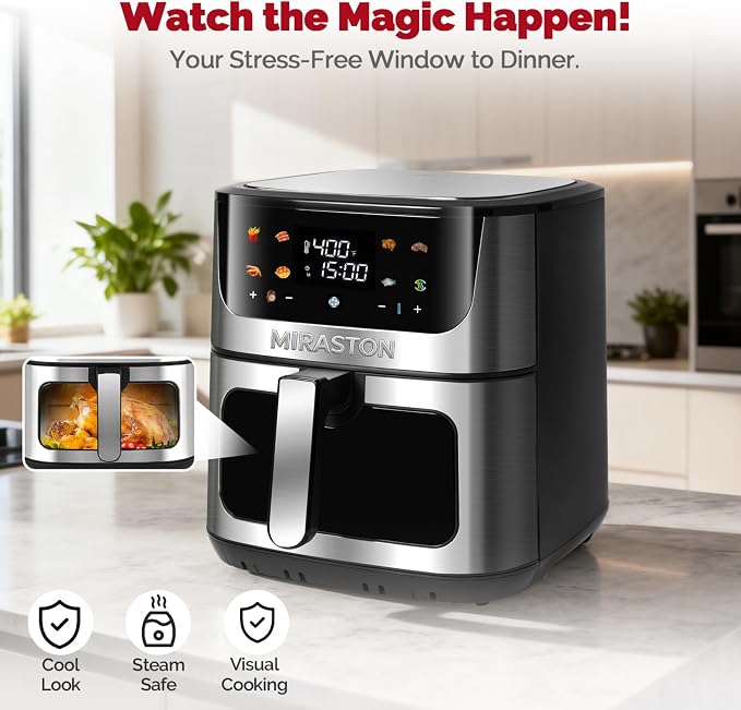 8.5QT Digital Air Fryer, XL Stainless Steel Oven for Family Meals | FAMILY SIZE: Large capacity air fryer for 4-8 people; PFAS-free coating, healthy & fast cooking，effortless dishwasher clean.