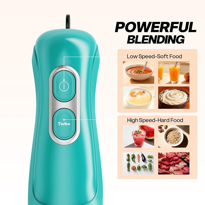 Turelar Immersion Blender Corded 400W, 2 Speed, Emulsifier, Blend, BPA-Free | Hand Blender Stick Mixer, Ergonomic Handle, Stainless Steel Blades, Effortless Blending for Soup, Smoothies, Puree, Baby Food