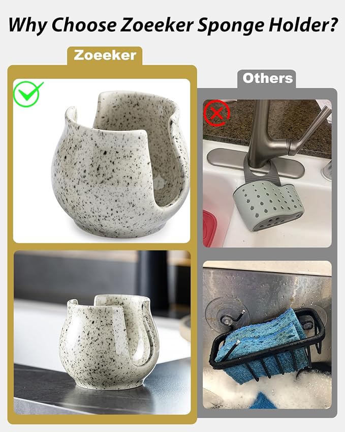 Zoeeker Sponge Holder for Kitchen Sink, Ceramic Dish Sponge Rack Sink Caddy | Kitchen Organizer Cute Scrubby Caddy Brush Holder Kitchen Storage Accessories Drying Holder for Countertop, Speckled Glaze