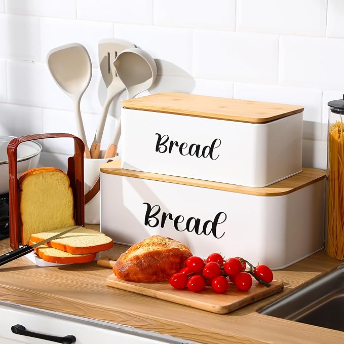 Teenyyou 2 Pcs Extra Large Bread Box with Slicer, Metal Bread Storage Container with Bamboo Cutting Board Lids, 2 Sizes Farmhouse Breadbox Set for Kitchen Countertop(White)
