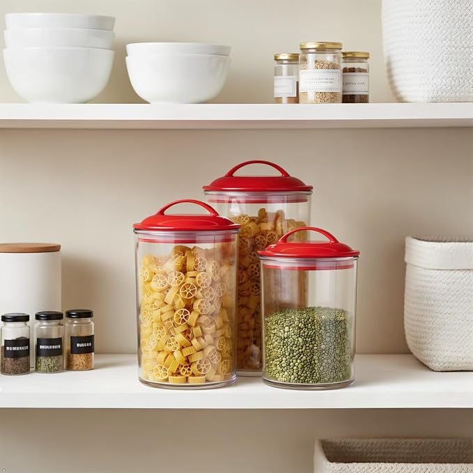 Food Storage Containers, BPA Free Airtight Canisters for Cereal, Pasta, Sugar, Coffee, Flour, Cookies, Loose Tea, for Kitchen Organization, Set of 3 by Reston Lloyd, Red