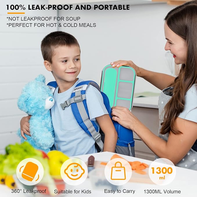 Bento Box for Kids 1300ML with 4 Compartment & Food Picks Cake Cups, Green | Lunch Box Containers for Adults/Kids/Toddler, Leak-Proof, Microwave/Dishwasher/Refrigerator Safe, BPA Free