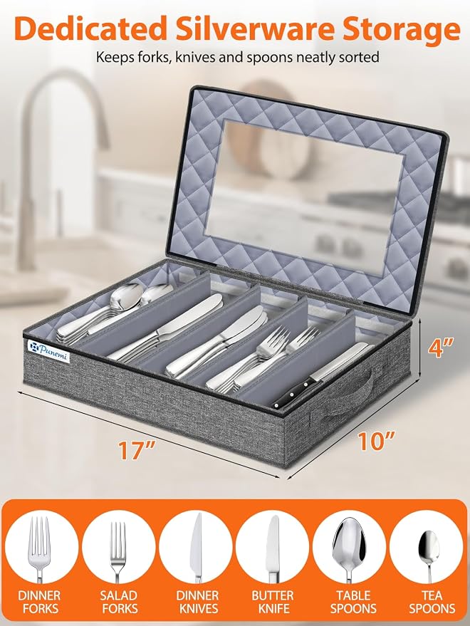 punemi Hard Shell Silverware Storage Box, Flatware Organizer, 2 Pack, Gray | Adjustable Dividers, Clear-Window Zippered Lids, for Spoons, Forks, Knives, Serving Utensils, Kitchen & Moving Storage