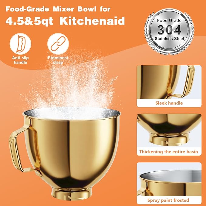 Stainless Steel Mixer Bowl for KITCHENAID TILT-HEAD 4.5-5 Qt Mixer | Anti-slip handle & Prominent Clasp, 5 QT Food-Grade Stainless Steel Polished, Gold
