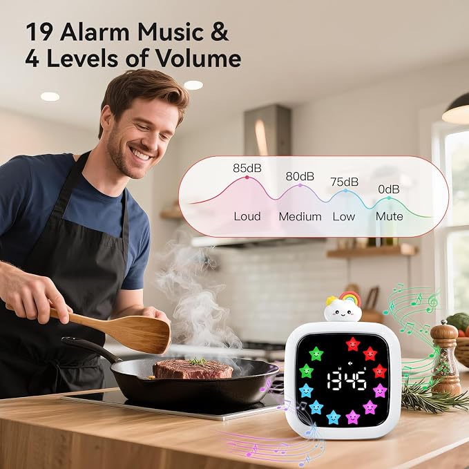 Digital Visual Timer for Kids, 99-Minute Countdown, Rechargeable | 19 Music Alarm, Pause Function, 9 Optional DIY Color Star Display, Rainbow Doll, for Study, Homeschool, Kitchen