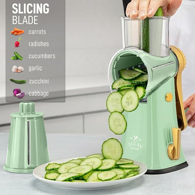 Zulay Kitchen Rotary Cheese Grater 5 Blade Cheese Shredder - Manual Hand Crank Cheese Grater With Reinforced Suction & 5 Interchangeable Drums - Easy to Use, Vegetable Chopper Round Mandoline Slicer