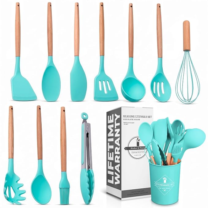 12 Pcs Cooking Kitchen Accessories Set with Holder, Silicone Heads (Teal) | Teal Kitchen Utensils Set for Cooking and Baking; Wooden Handles; Heat-Resistant up to 446°F; Non-Scratch for Nonstick Pans