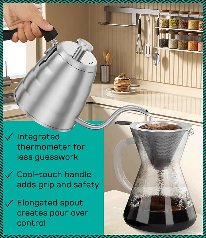 Coffee Gator Gooseneck Kettle with Thermometer - 40oz | Stainless Steel Pour Over Maker, Stove Top, w/Precision Drip Spout, for Drip Coffee, French Press, Tea Kettle , 5 Cup, 1.2L