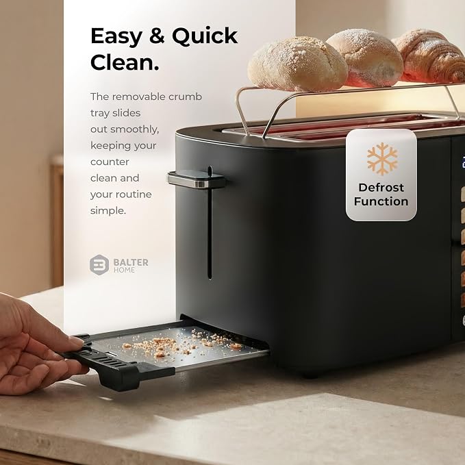 Balter Toaster 4 Slice Wide Slot, Bagel Function, Long Slot, Stainless Steel, Touch Screen, Built-in Rack, Extra-Wide 1.5" Slots for Thick Breads & Bagel, Timer, BPA-Free, Removable Tray, Black
