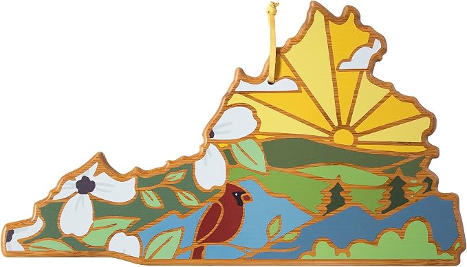 Totally Bamboo Virginia State Shaped Cutting Board, Summer Stokes Art | State charcuterie board with colorful hand-drawn landscape art. Smooth reverse side for food prep. Hang tie for wall display.