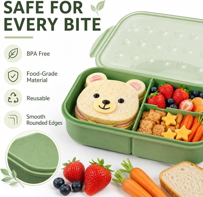 MISS BIG® Bento Lunch Box for Kids, 1150ml, 3 Compartments, Matcha Green | Matcha green kids bento lunch box for school meals, daycare snacks, light lunch, picnic, and travel.