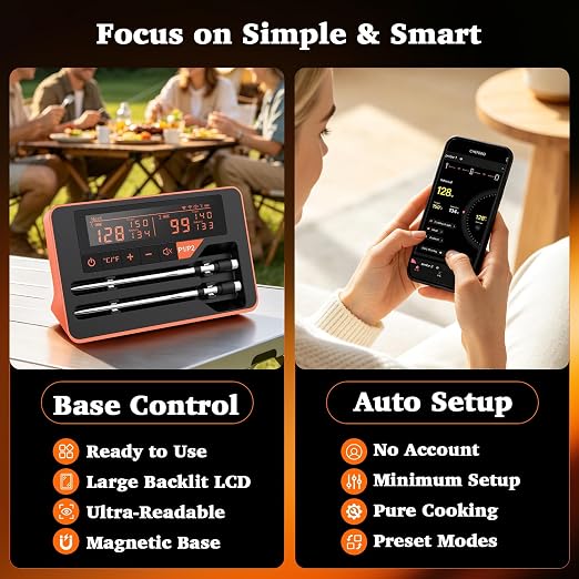 Bluetooth Wireless Meat Thermometer Digital for BBQ Oven Smoker Grill | 800FT Bluetooth Food Thermometer, Standalone Base, 2 Meat Probes, Dual Sensors, NIST Certified Accuracy