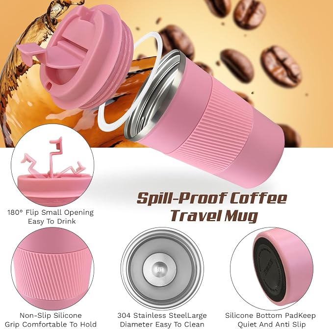 Stainless Steel Travel Coffee Mug with Lid, Vacuum Insulated Leak Proof Cup | Double wall vacuum insulation keeps drinks hot or cold for hours. Leak proof lid and non-slip grip for travel, office and car