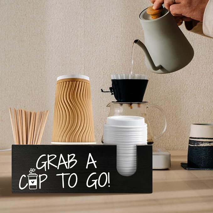 Coffee Station Organizer for Cup and lid | Black Finsh Disposable Cup Holder for Countertop | Farmhouse Coffee Bar Accessories | Wooden Desk Storage Box