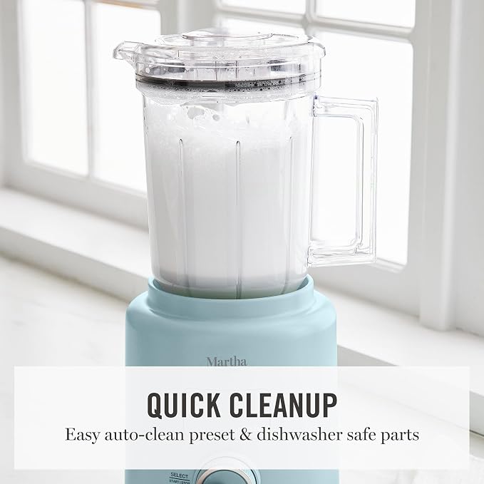 Martha Stewart 50oz Countertop Blender, 3 Speeds, 5 Presets, Sky Blue | BPA-Free Pitcher, Smoothies, Margaritas, Milkshakes & Ice Crushing, Stainless Steel Blades, Auto-Clean, Dishwasher-Safe Parts