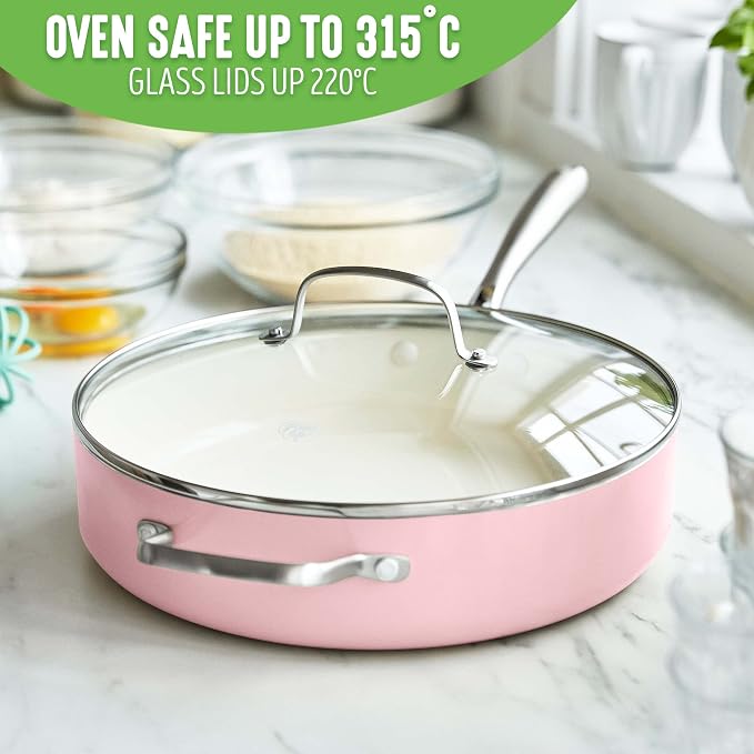 GreenLife Artisan Healthy Ceramic Nonstick, 5QT Saute Pan Jumbo Cooker with Helper Handle and Lid, Stainless Steel Handle, Induction, PFAS-Free, Dishwasher Safe, Oven Safe, Pink