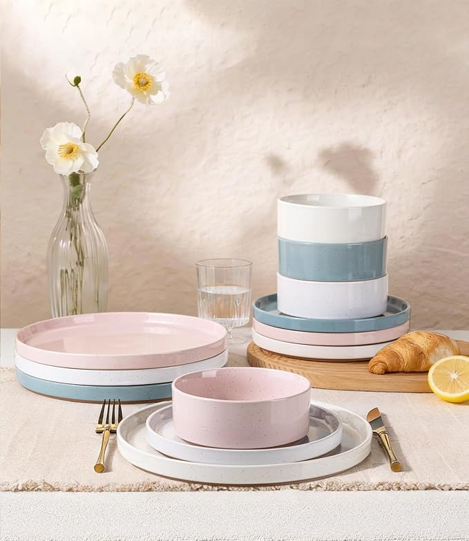 AmorArc Stoneware Dinnerware Sets for 4,12Pcs Plates and Bowls Set | Handmade Ceramic Dish Set,Dishwasher & Microwave Safe,Scratch Resistant-Colorful