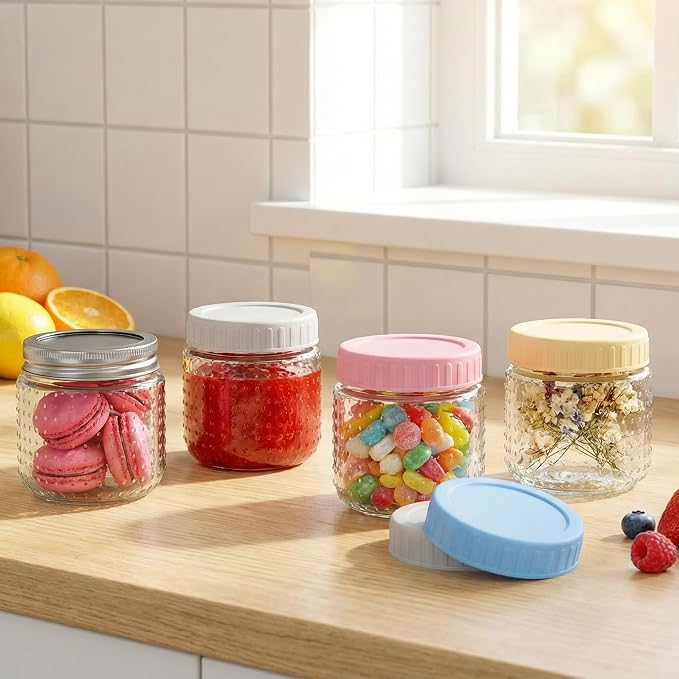 CycleMore 8 oz Mason Jars, 15 Pack Hobnail Design Canning Jars with Silver Metal & Colorful Plastic Lids, Glass Storage Jars for for Storing, Jam, Pickling, Crafts, Home Decor & DIY Gifts