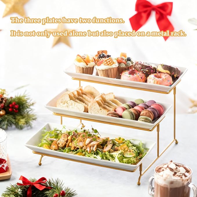 LYEOBOH 3 Tier Serving Stand and Platters Set Tiered Serving Tray for Party | 14 Inches Large Tiered Serving Platters with Collapsible Sturdier Rack for Appetizer Fruit, Dessert and Cupcake, White