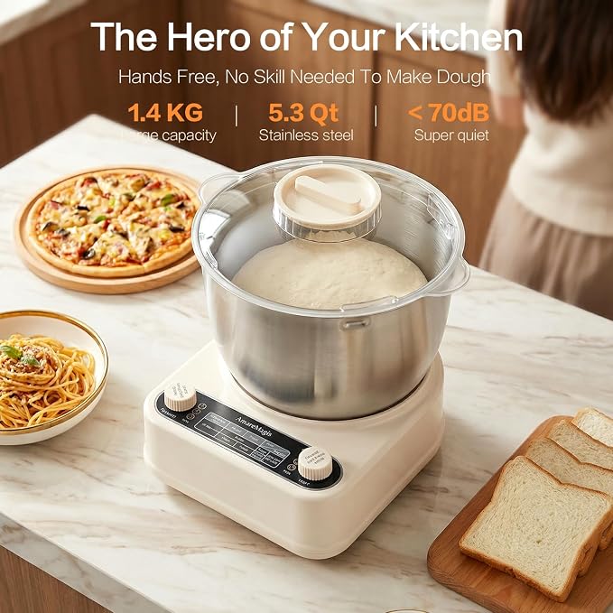 5.3QT Dough Kneader Machine with Timer & Fermentation, Electric Dough Mixer for Bread, Pizza, Pasta & Sourdough, Up to 1.4kg Dough Maker for Home Baking Hands-Free Kneading Machine, 304 Bowl