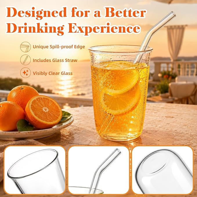 6 Pieces Drinking Glasses with Straw, 16 Oz Clear Water Glass Set | Lead-free Highball Glass Cup Kitchen Glassware for Juice, Beverage, Cocktail, Ice Tea, Coffee, Soda
