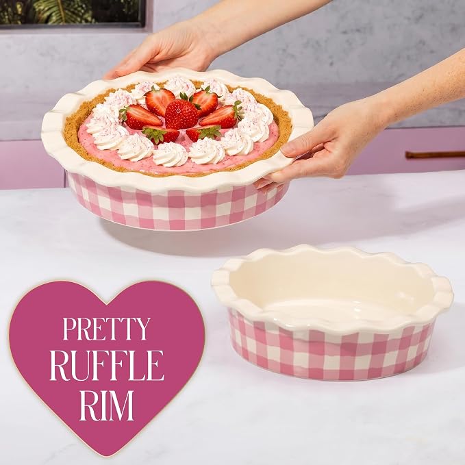Paris Hilton Ceramic Pie Dish Set, 7-Inch and 9-Inch Stoneware Baking Dishes with Fluted Rim and Gingham Design, Oven Safe up to 450°F, 2-Piece, Pink