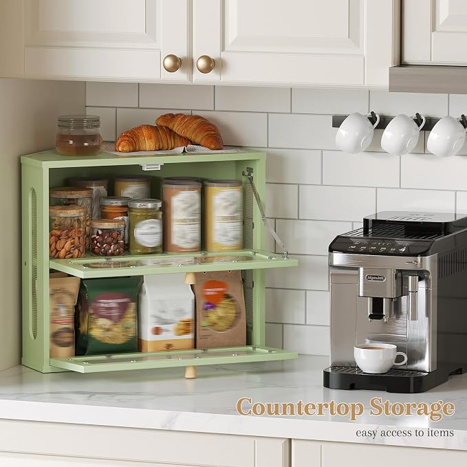 Corner Bread Box for Kitchen Countertop, 2026 New Double Layer Bamboo Bread Storage Bin, Large Bread Container for homemade bread (Green)