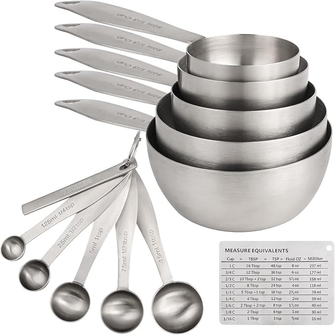 Measuring Cups and Spoons, 12 Piece Metric & US 18/8 Stainless Steel Measuring Cup and Spoon Set, Dry Metal Measuring Cups Spoons & Leveler & Measure Equivalents for Kitchen & Baking