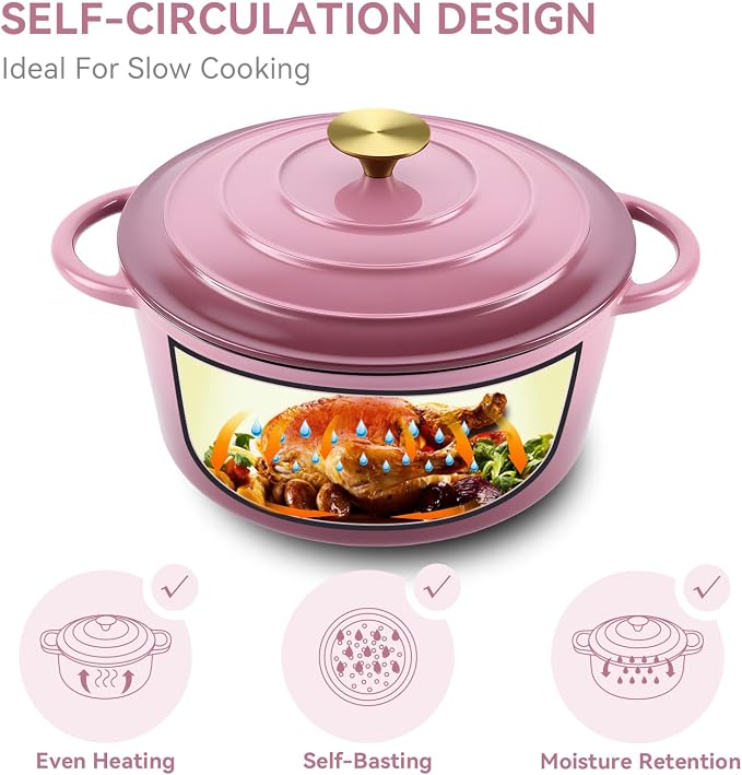 Miereirl 6 Quart Enameled Dutch Oven Pot with Lid, Cast Iron Dutch Oven with Dual Handles for Bread Baking, Cooking, Non-stick Enamel Coated Cookware, Rose
