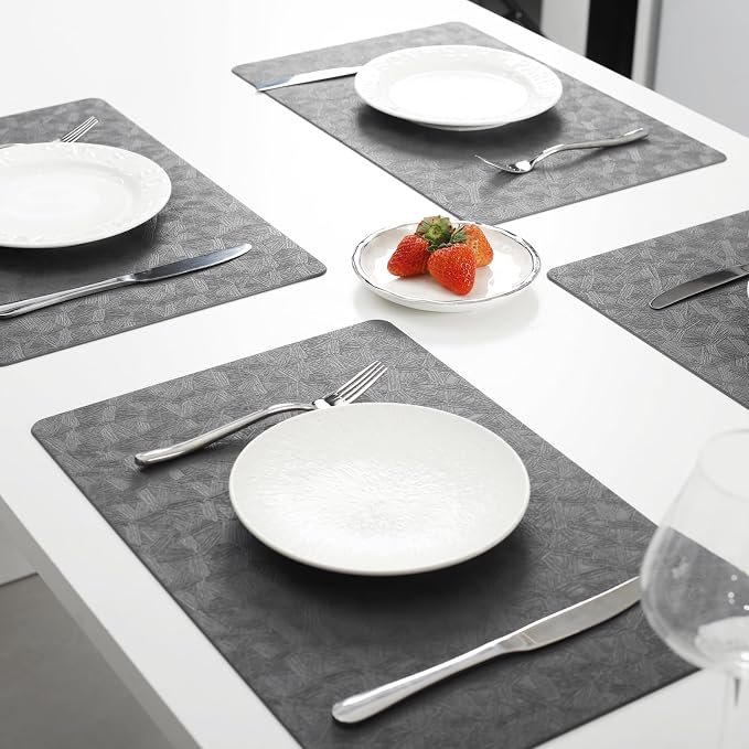 Gray Vinyl Placemats Set of 6 Waterproof Wipeable Table Mats | Heat Resistant Easy Clean Place Mats Faux Leather Table Mats Washable PVC Table Placemats for Dining Table