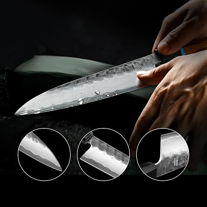 8.27 Inch Japanese Chef Knife, Hand-Forged VG10 for Precise Cuts | Hand-sharpened edge, distal taper, balanced octagonal wood handle, black-forged finish, red velvet-lined wooden gift box